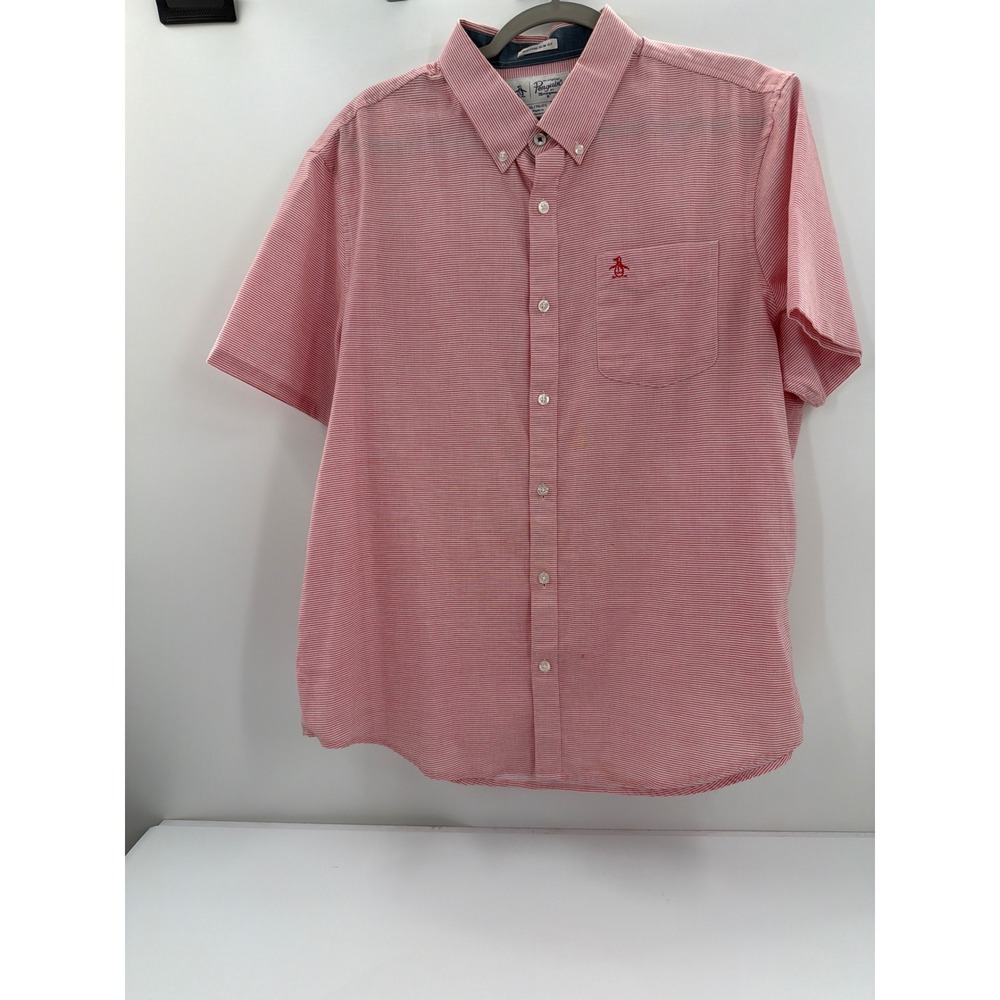 Original Penguin Mens XL Heritage Slim Fit Red White Striped Short Sleeve Shirt